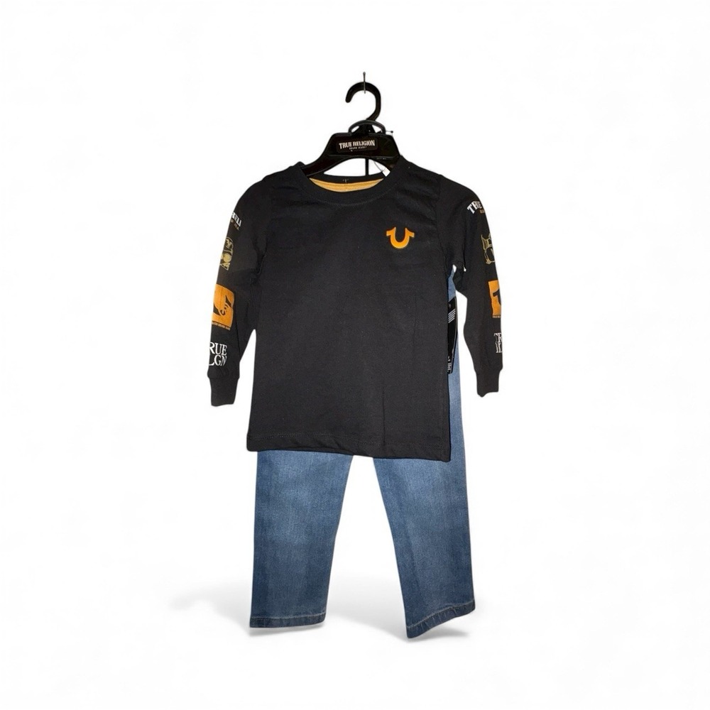 NWT Kids True Religion Black Long Sleeve‎ Shirt & Blue Denim Jeans Set Size S 4
